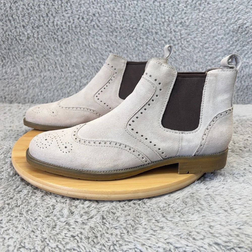 Vintage Foundry Co Mens Suede Brogue Chelsea Boots Light Gray Wingtip Size 8.5